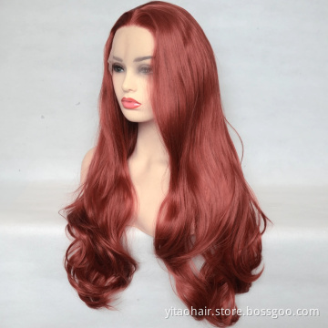 Wholesale price synthetic  Copper red color  long wave hair wig deputy synthes tfnadvanced Lace front  wigs vendor